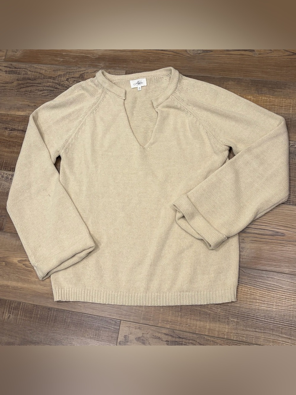 Able Beige V-Neck Pullover Sweater Bell Sleeves cotton acrylic blend